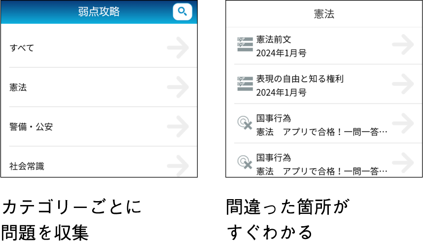 カテゴリーごとに問題を収集、間違った箇所がすぐわかる