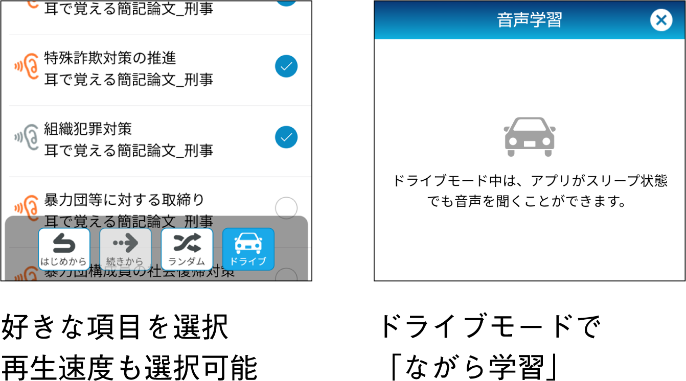 好きな項目を選択　再生速度も選択可能、ドライブモードで「ながら学習」