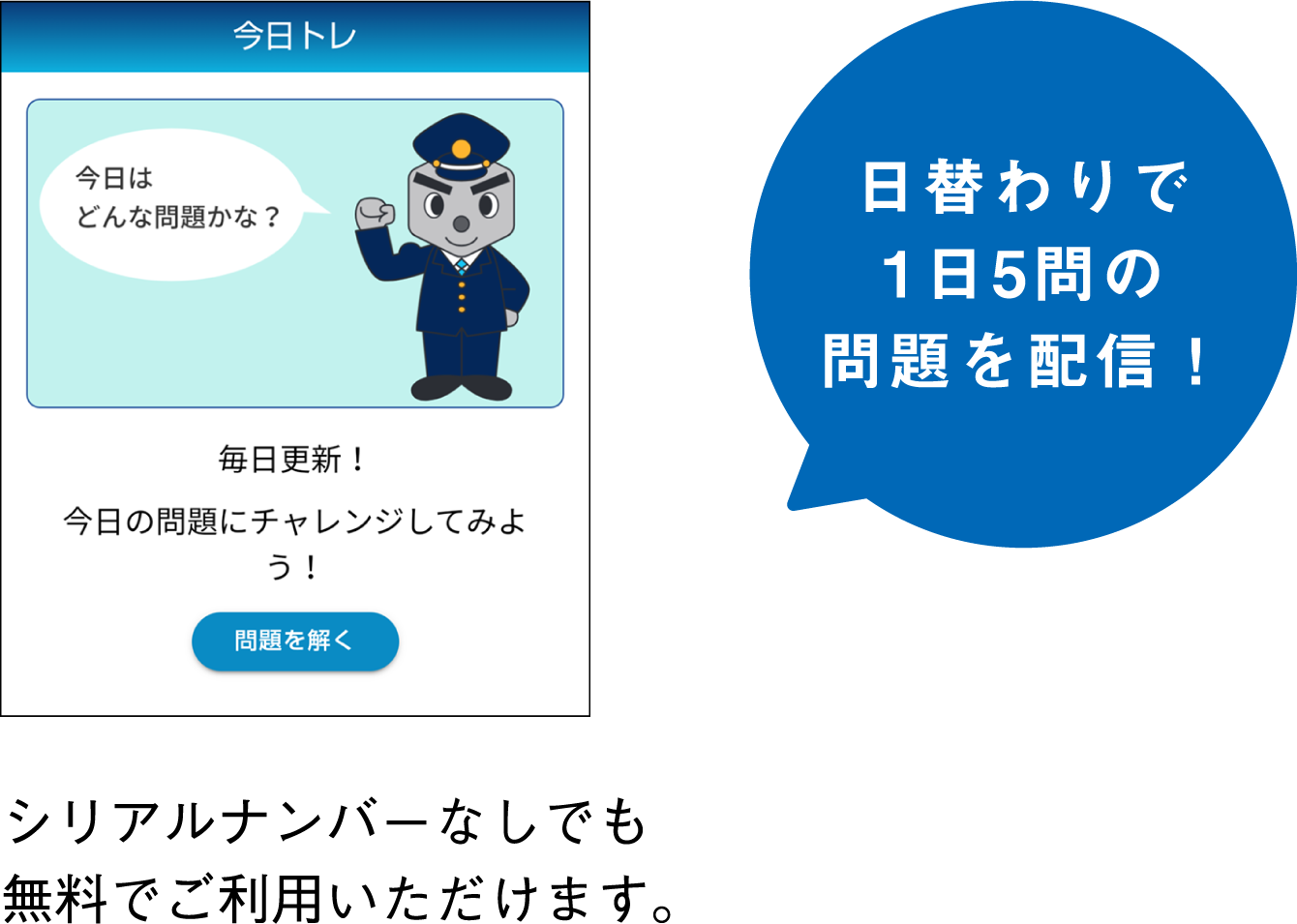 日替わりで1日5問の問題を配信！